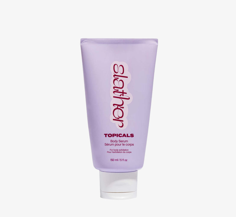 Body exfoliation serum from Topicals Slather shown as a lavender 150ml squeeze tube for textured skin on a white background.